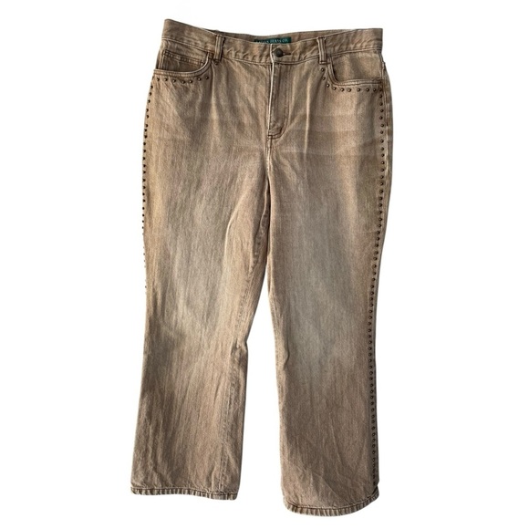 Vtg Y2K Ralph Lauren Studded Denim Jeans Size 14 Petite Tan Boho Western - Picture 2 of 9